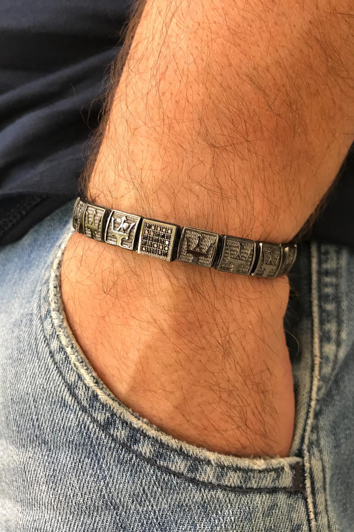 FRNCH Poseidon Figürlü Zirkon Taşlı Hematit Taş Ayarlanabilir Erkek Handmade Bileklik FRJ11239-1339-B