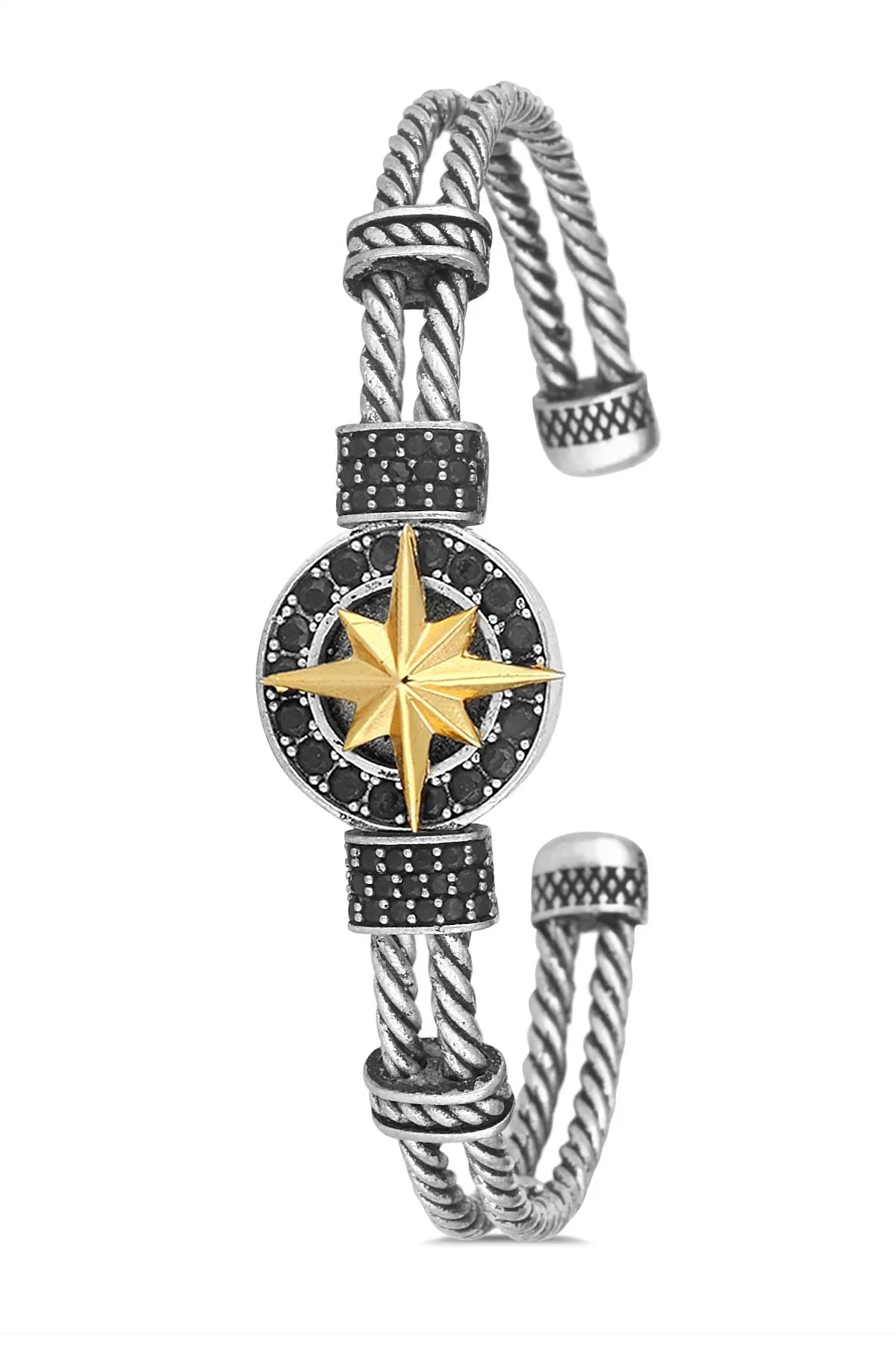 FRNCH Pusula Figürlü Antik Gümüş-Gold Renkli Zirkon Taşlı Handmade Kelepçe Erkek Bileklik FRJ11172-1272-A2G