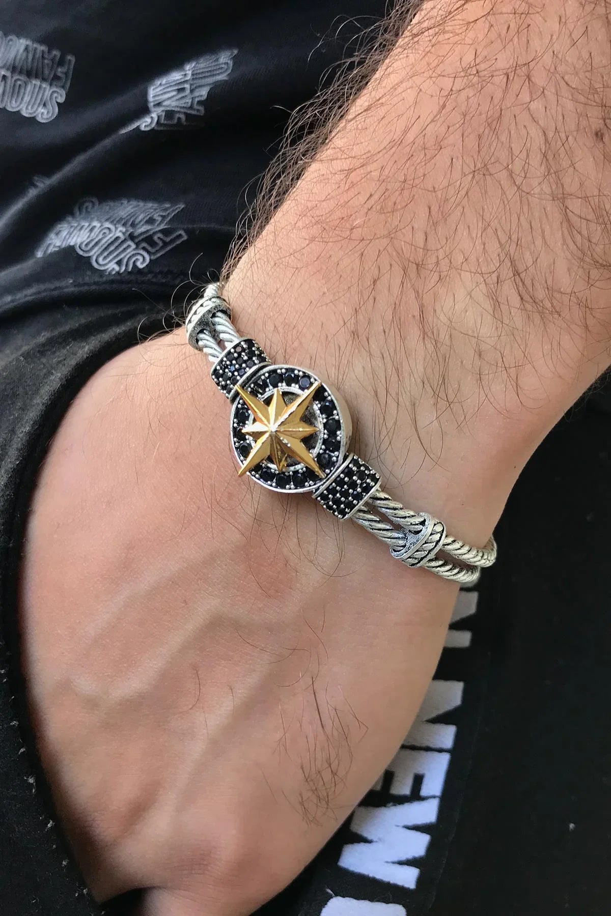 FRNCH Pusula Figürlü Antik Gümüş-Gold Renkli Zirkon Taşlı Handmade Kelepçe Erkek Bileklik FRJ11172-1272-A2G