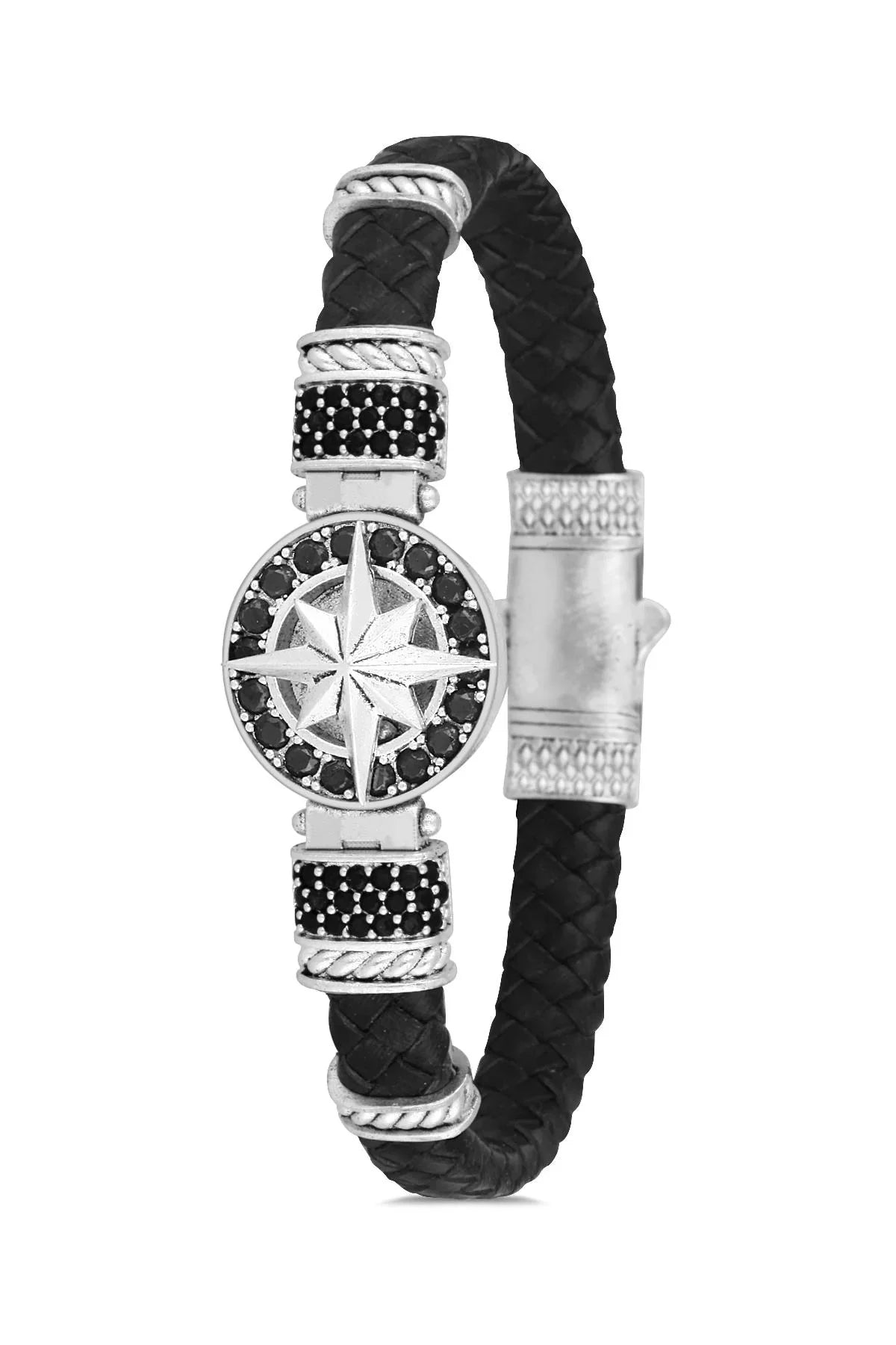 FRNCH Pusula Figürlü Gerçek Deri Zirkon Taşlı Antik Gümüş Renk Erkek Bileklik FRJ11201-1301-A2