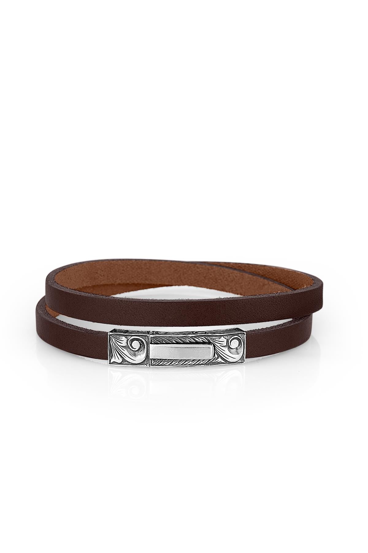 FRNCH Silver Cord Leather Kahverengi 925 Ayar Gümüş Bileklik