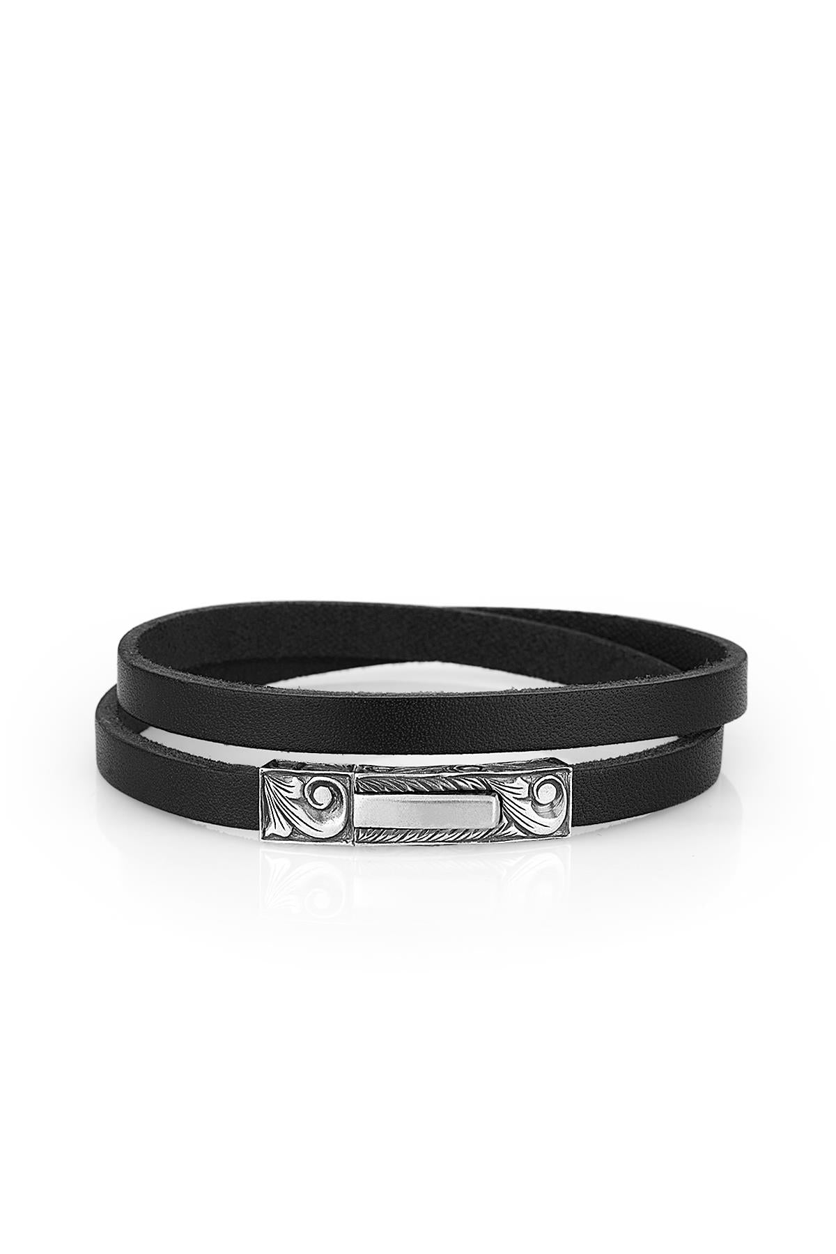 FRNCH Silver Cord Leather Siyah 925 Ayar Gümüş Bileklik