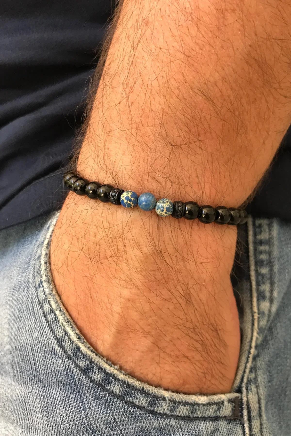 FRNCH Sıralı Doğal Taşlı Çift Renkli Zirkon Taşlı Ayarlanabilir Handmade Erkek Bileklik FRJ11238-1338-B