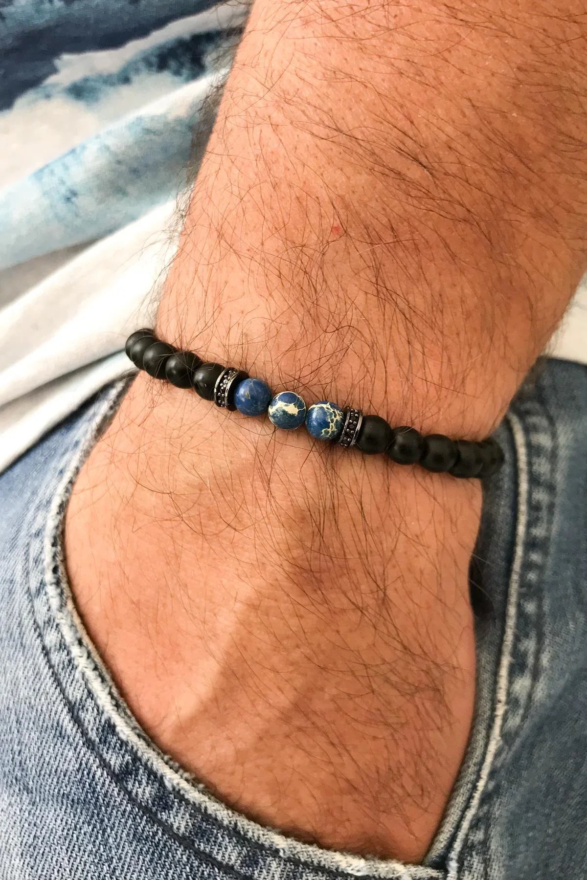 FRNCH Sıralı Mat Doğal Taşlı Çift Renkli Zirkon Taşlı Ayarlanabilir Handmade Erkek Bileklik FRJ11237-1337-B