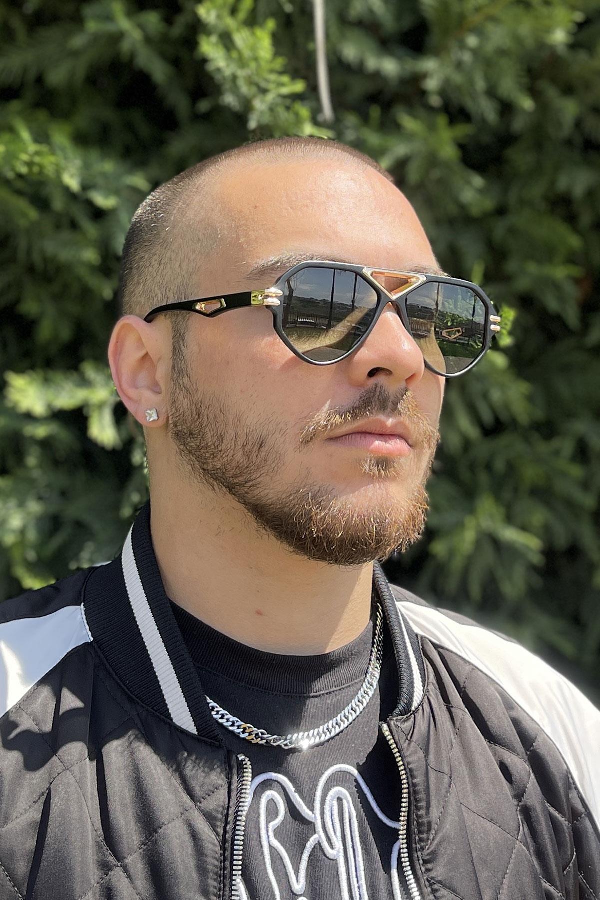 FRNCH Siyah Çerçeve Yeşil Cam Altıgen Erkek Güneş Gözlüğü FRG1012-112-SY