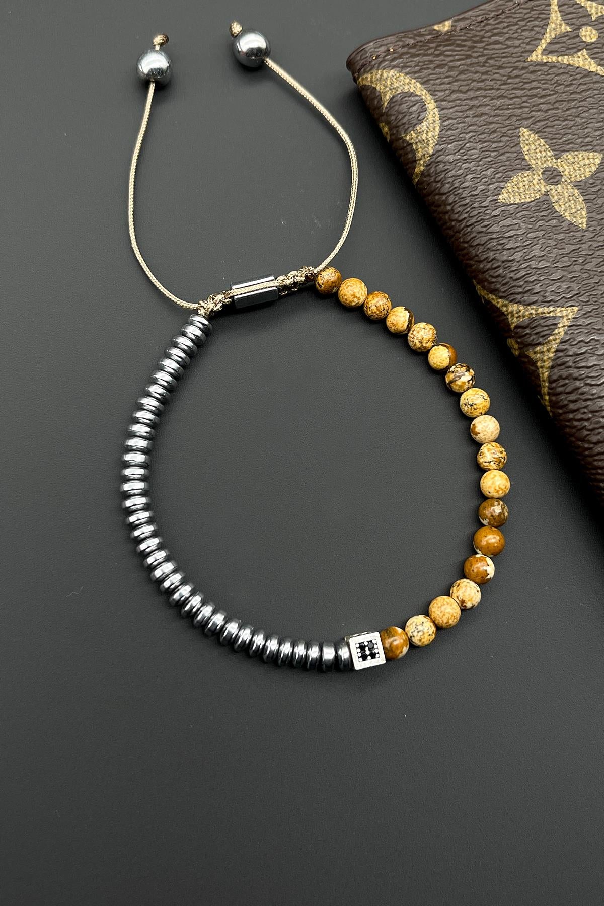 FRNCH Toprak Doğal Taşlı Kahverengi Renkli Ayarlanabilir Makrome Erkek Bileklik FRJ11578-1678-K