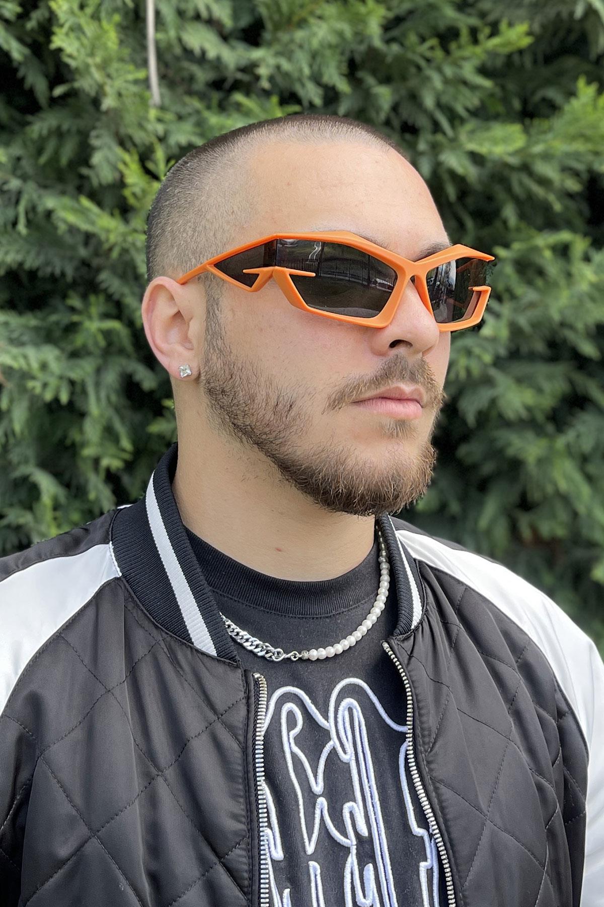 FRNCH Turuncu Çerçeve Siyah Cam Dikdörtgen Erkek Rave Parti Güneş Gözlüğü FRG1003-103-T