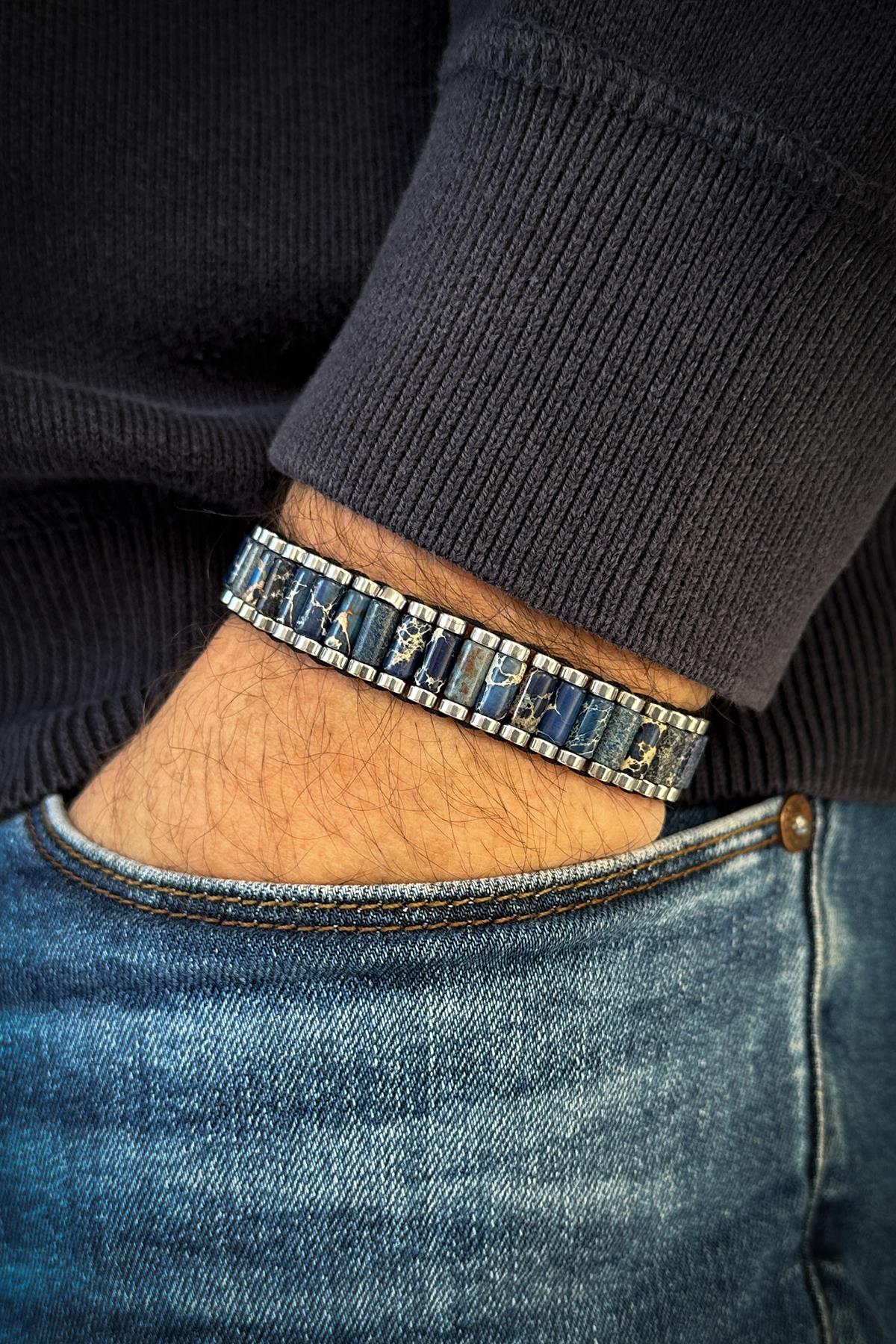 FRNCH Varisit Doğal Taşlı Lacivert Renk Ayarlanabilir Makrome Erkek Bileklik FRJ12065-3065-L