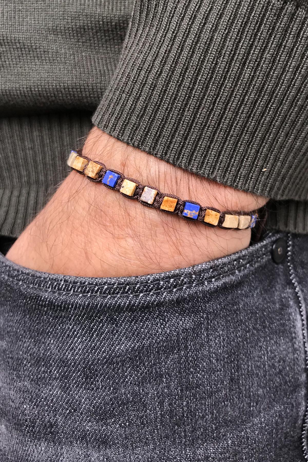 FRNCH Varisit Taşlı Bej-Lacivert Renkli Ayarlanabilir Makrome Erkek Bileklik FRJ11319-1419-CK