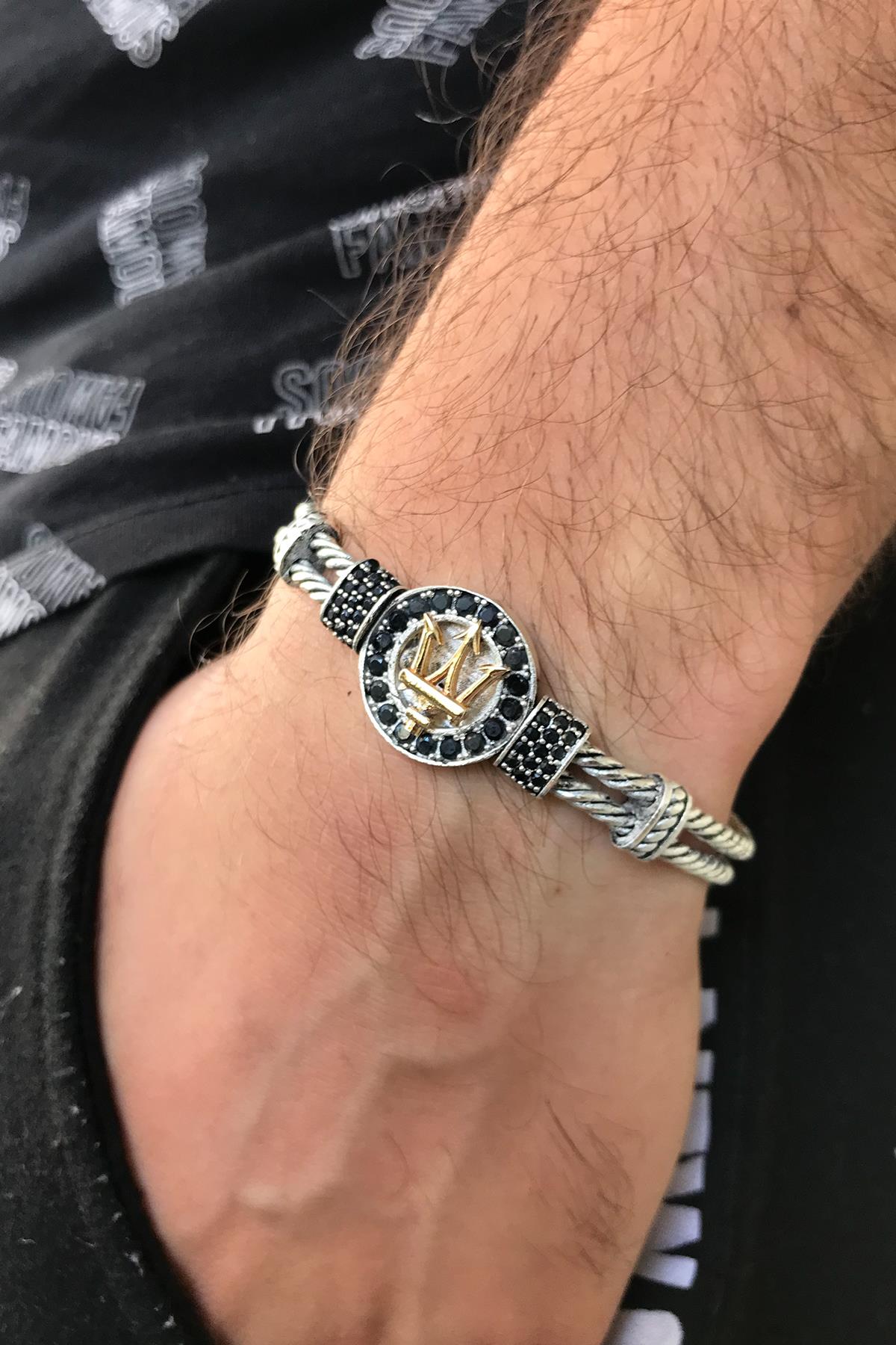 FRNCH Zirkon Taşlı Antik Gümüş-Gold Renk Poseidon Figürlü Erkek Kelepçe Bileklik FRJ11207-1307-A2G