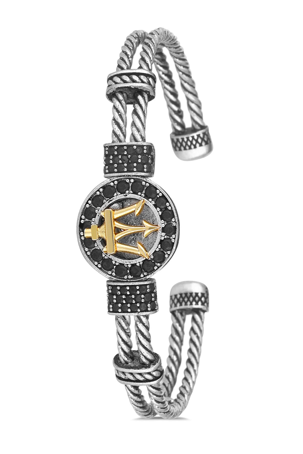 FRNCH Zirkon Taşlı Antik Gümüş-Gold Renk Poseidon Figürlü Erkek Kelepçe Bileklik FRJ11207-1307-A2G