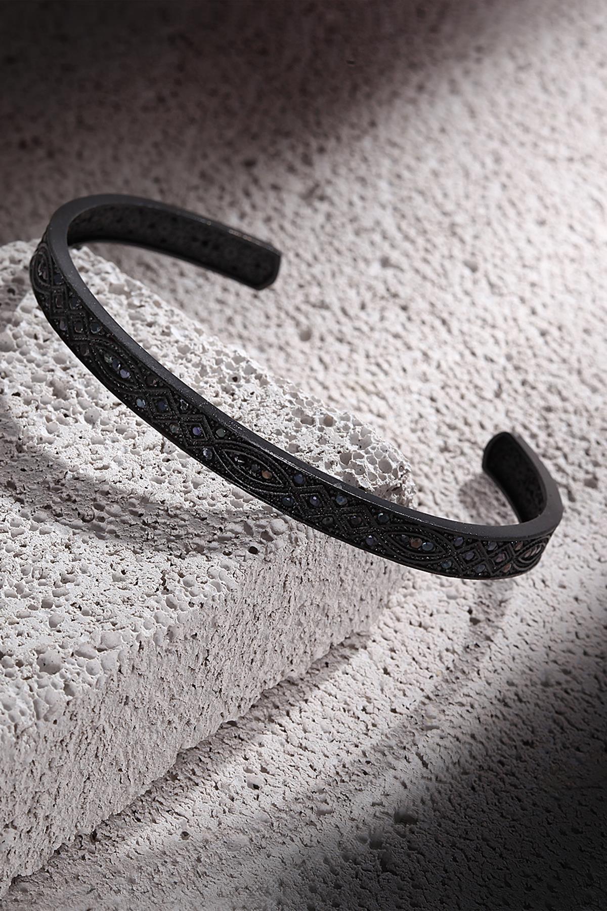 FRNCH Zirkon Taşlı Şal Desen Siyah Renk Erkek Kelepçe Bileklik FRJ11139-1239-B