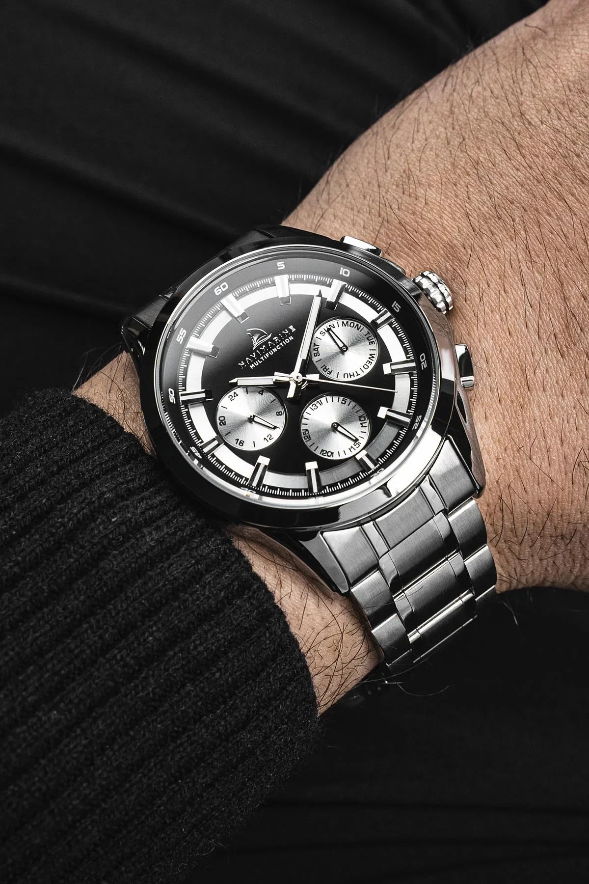 NAVIMARINE Gümüş Çelik Kordon Siyah Kadran Erkek Kol Saati NV10016-B2A