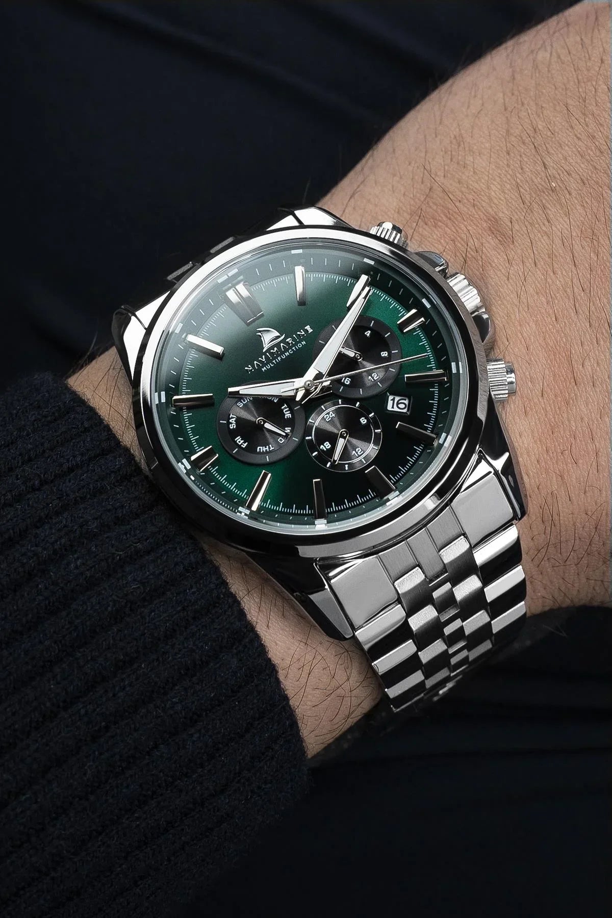 NAVIMARINE Gümüş Çelik Kordon Yeşil Kadran Erkek Kol Saati NV10015-AY