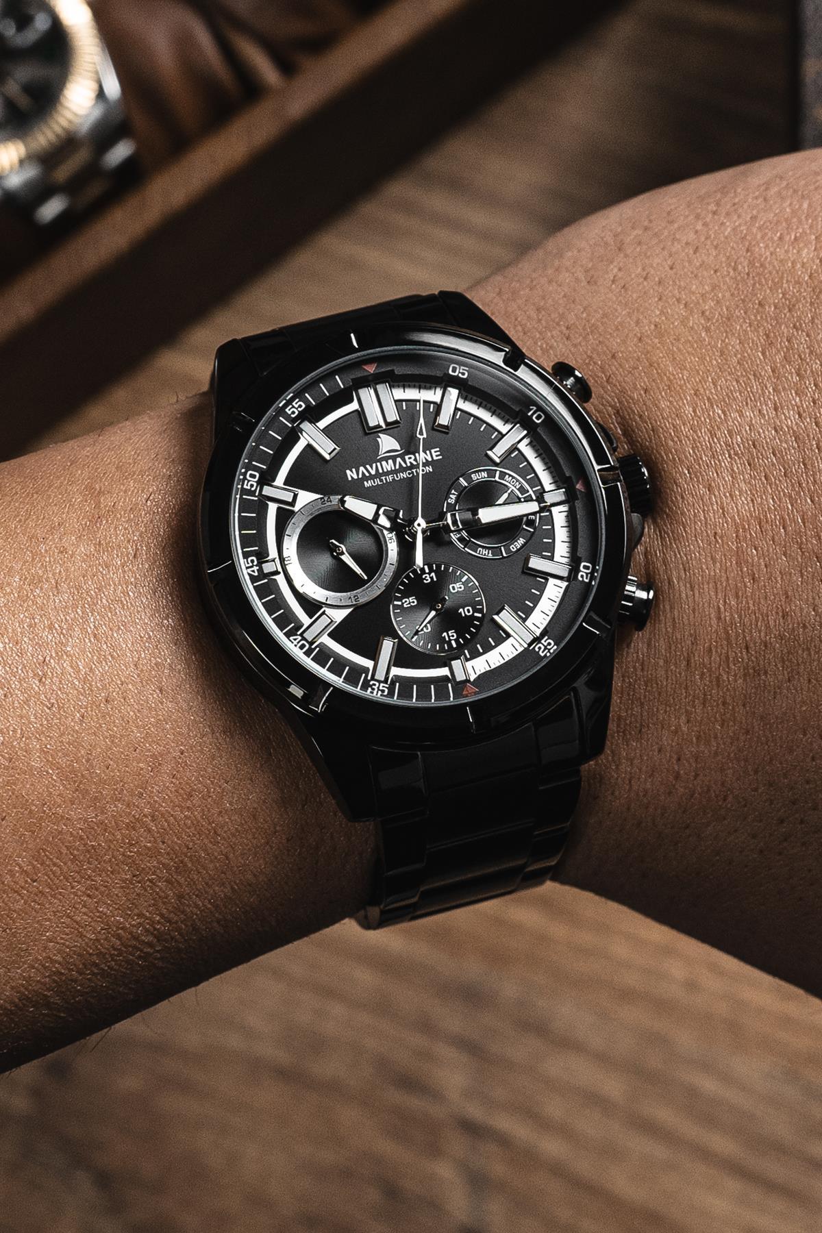 NAVIMARINE Siyah Çelik Kordon Siyah Kadran Erkek Kol Saati NV10013-S