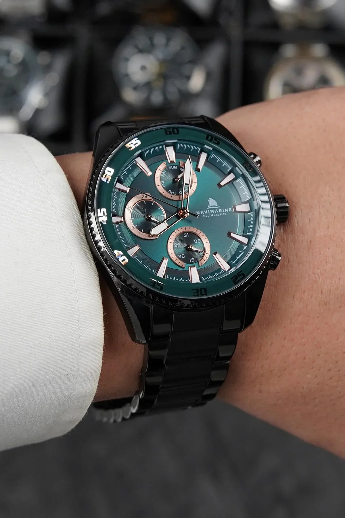 NAVIMARINE Siyah Çelik Kordon Yeşil Kadran Erkek Kol Saati NV10012-BY