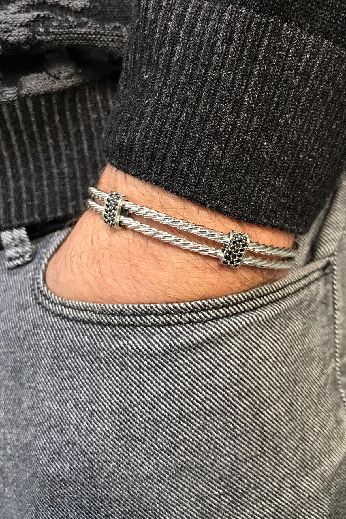 FRNCH 2 Sıra Zirkon Taşlı Gümüş Renkli Handmade Erkek Bileklik FRJ11296-1396-A