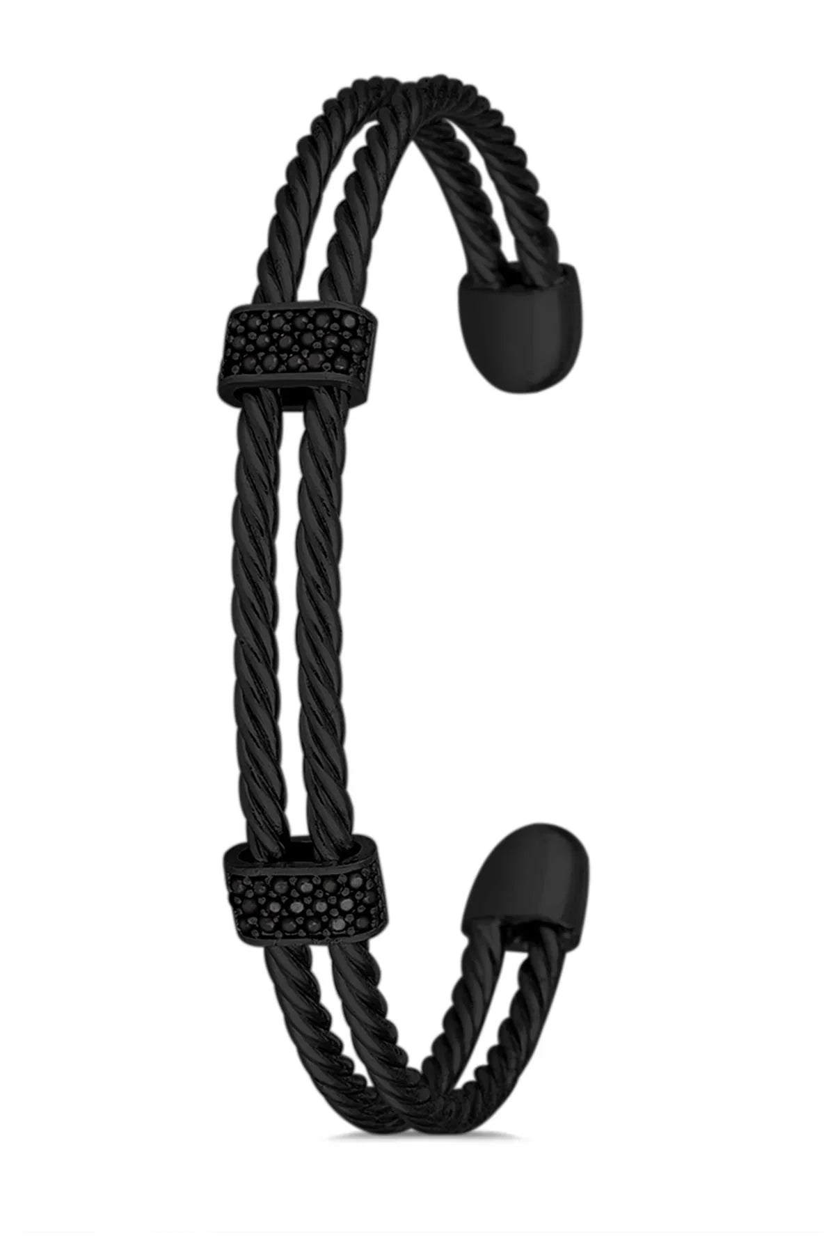 FRNCH 2 Sıra Zirkon Taşlı Siyah Renkli Handmade Erkek Bileklik FRJ11296-1396-B2