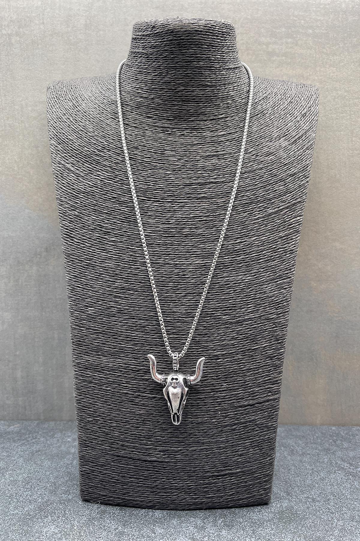 FRNCH 316L Çelik Boynuz Figürlü Gümüş Renkli Erkek Kolye FRJ30559-659-A