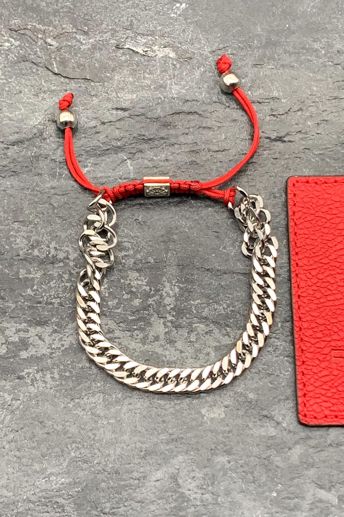 FRNCH 316L Çelik İtalyan Model Gümüş Renkli Kırmızı İpli Ayarlanabilir Erkek Bileklik FRJ11571-1671-AK