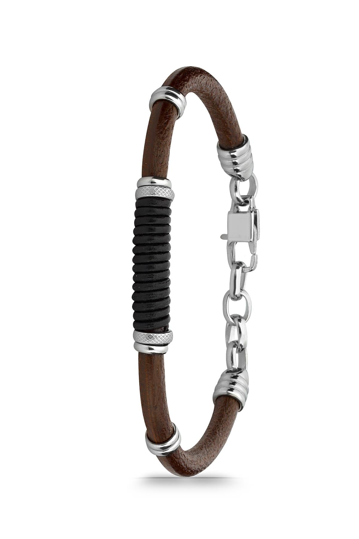 FRNCH 316L Çelik Kahverengi Renkli Deri Erkek Bileklik FRJ11744-1844-K