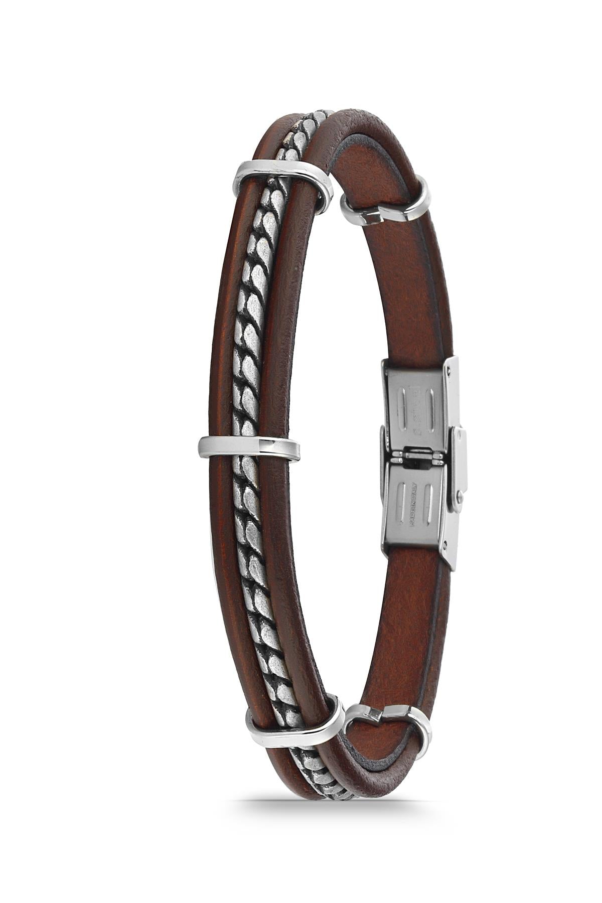 FRNCH 316L Çelik Kahverengi Renkli Deri Erkek Bileklik FRJ11765-1865-K