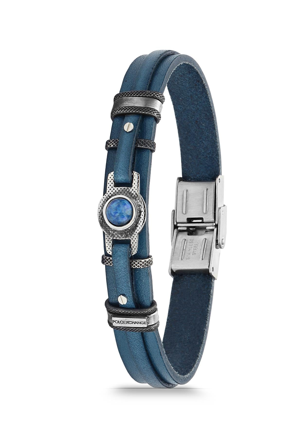 FRNCH 316L Çelik Lacivert Renkli Deri Erkek Bileklik FRJ11741-1841-L