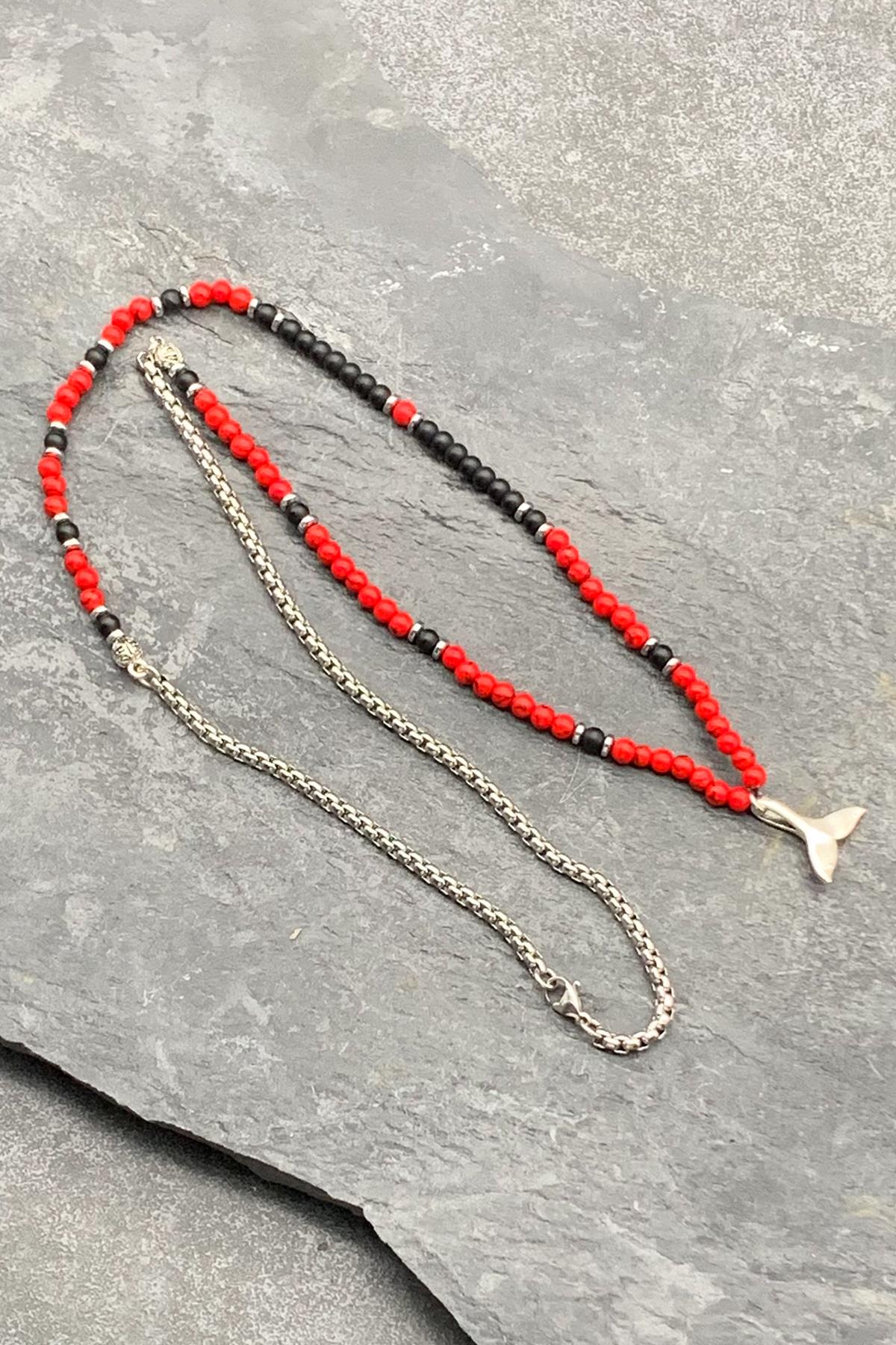 FRNCH 316L Çelik Mercan ve Onyx Doğal Taşlı Kırmızı Renkli Erkek Kolye FRJ30491-591-K