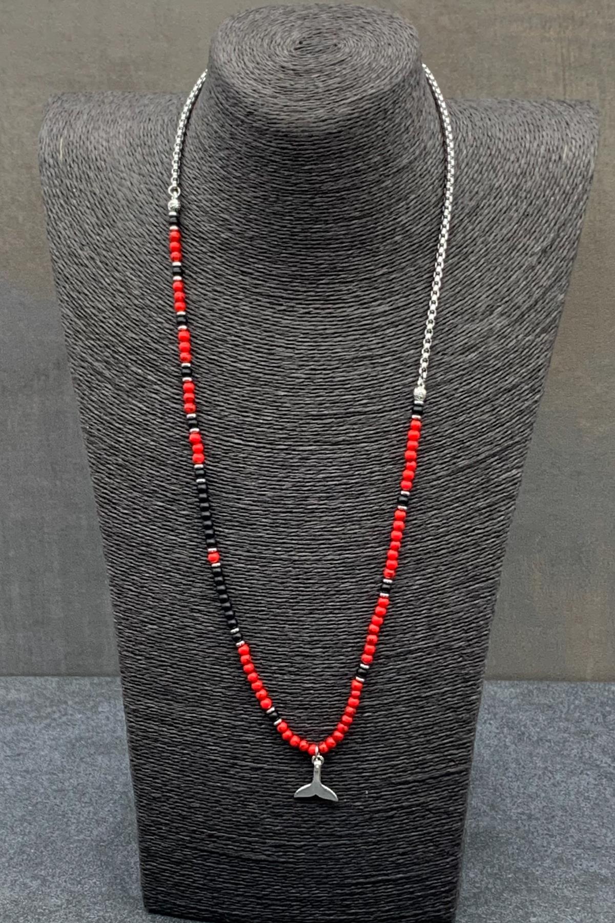 FRNCH 316L Çelik Mercan ve Onyx Doğal Taşlı Kırmızı Renkli Erkek Kolye FRJ30491-591-K