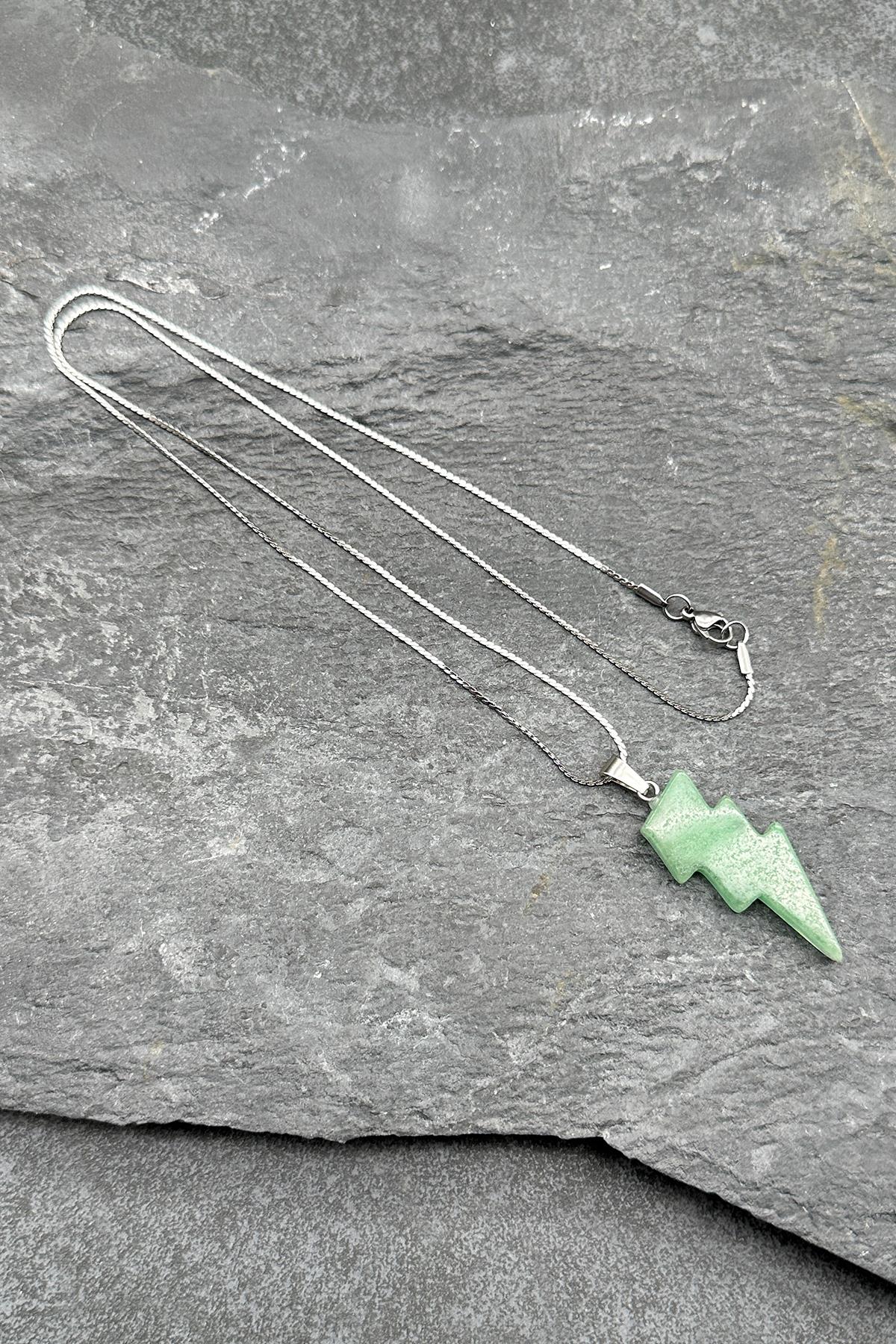 FRNCH 316L Çelik Şimşek Kesim Aventurin Doğal Taşlı Yeşil Renkli Erkek Kolye FRJ30605-705-Y