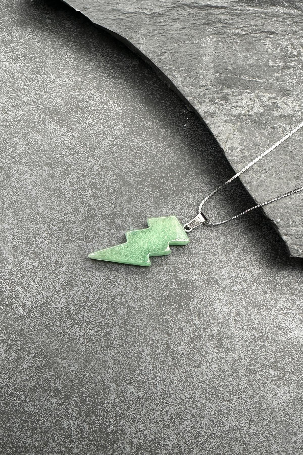 FRNCH 316L Çelik Şimşek Kesim Aventurin Doğal Taşlı Yeşil Renkli Erkek Kolye FRJ30605-705-Y