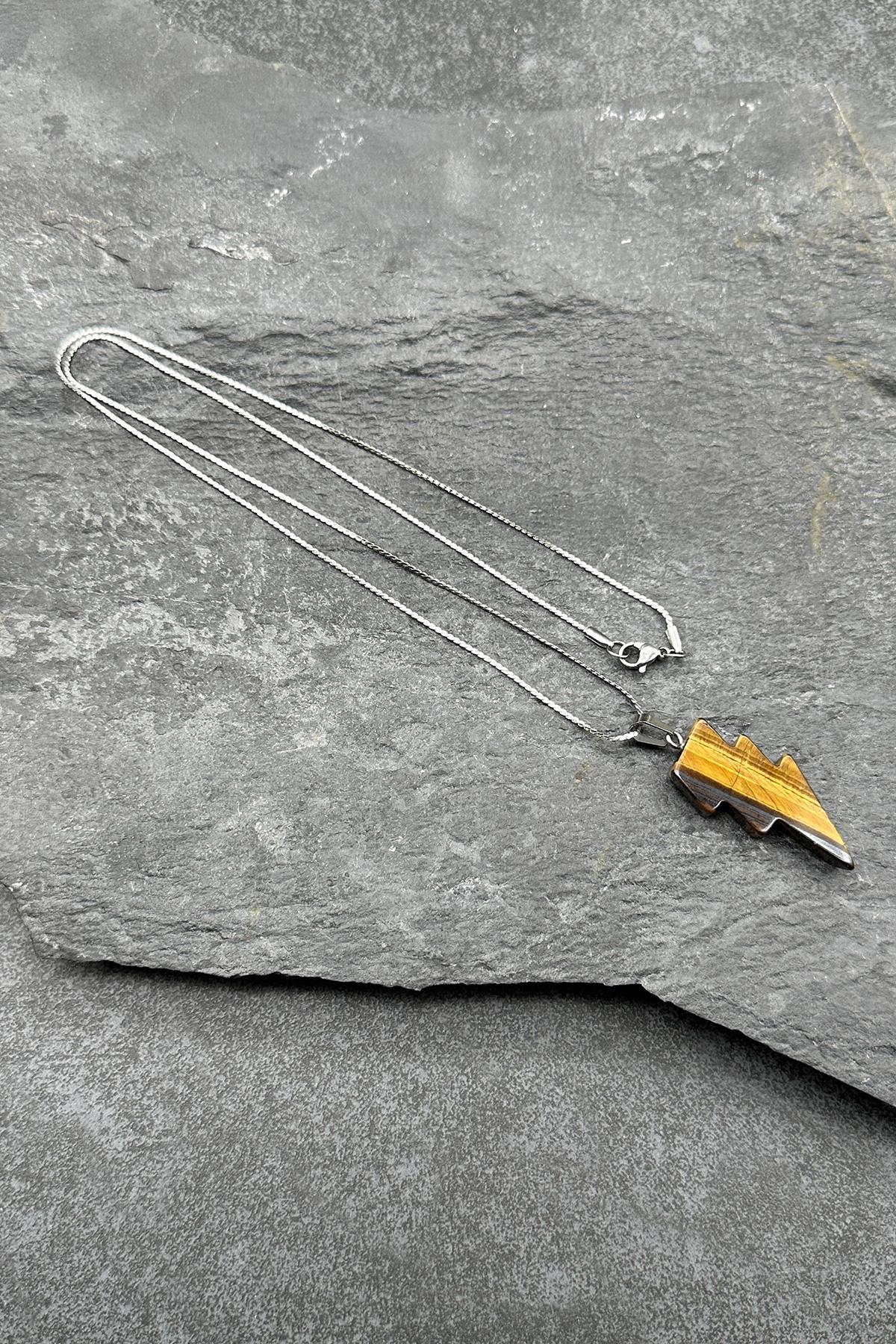 FRNCH 316L Çelik Şimşek Kesim Kaplan Gözü Doğal Taşlı Kahverengi Renkli Erkek Kolye FRJ30605-705-K