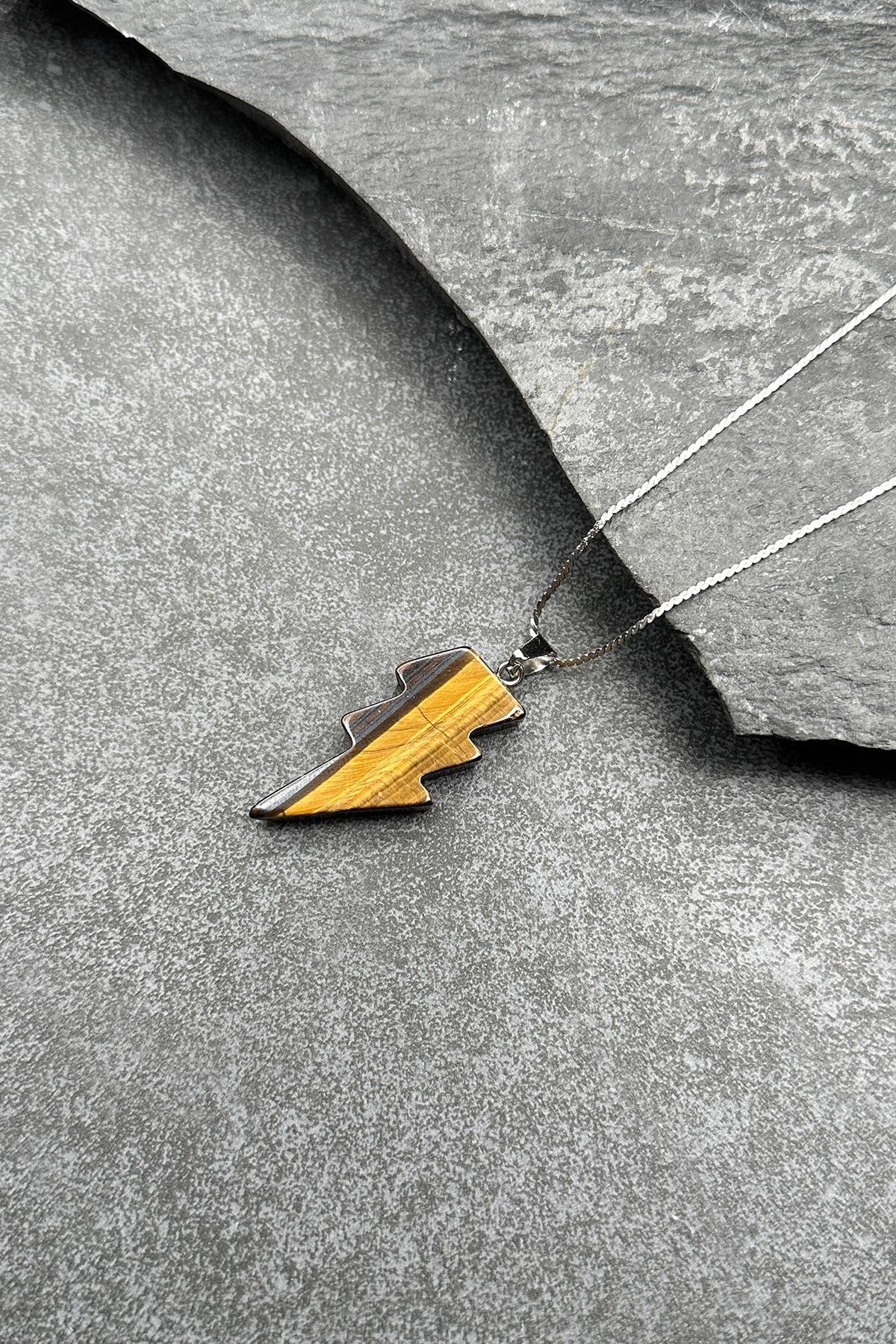 FRNCH 316L Çelik Şimşek Kesim Kaplan Gözü Doğal Taşlı Kahverengi Renkli Erkek Kolye FRJ30605-705-K