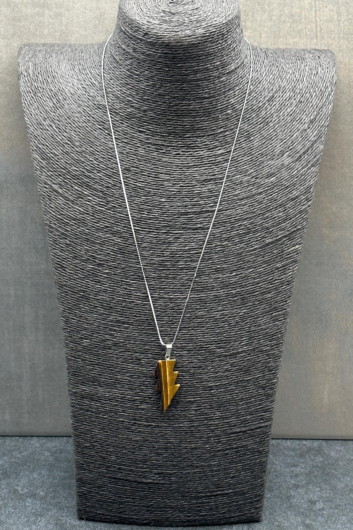 FRNCH 316L Çelik Şimşek Kesim Kaplan Gözü Doğal Taşlı Kahverengi Renkli Erkek Kolye FRJ30605-705-K