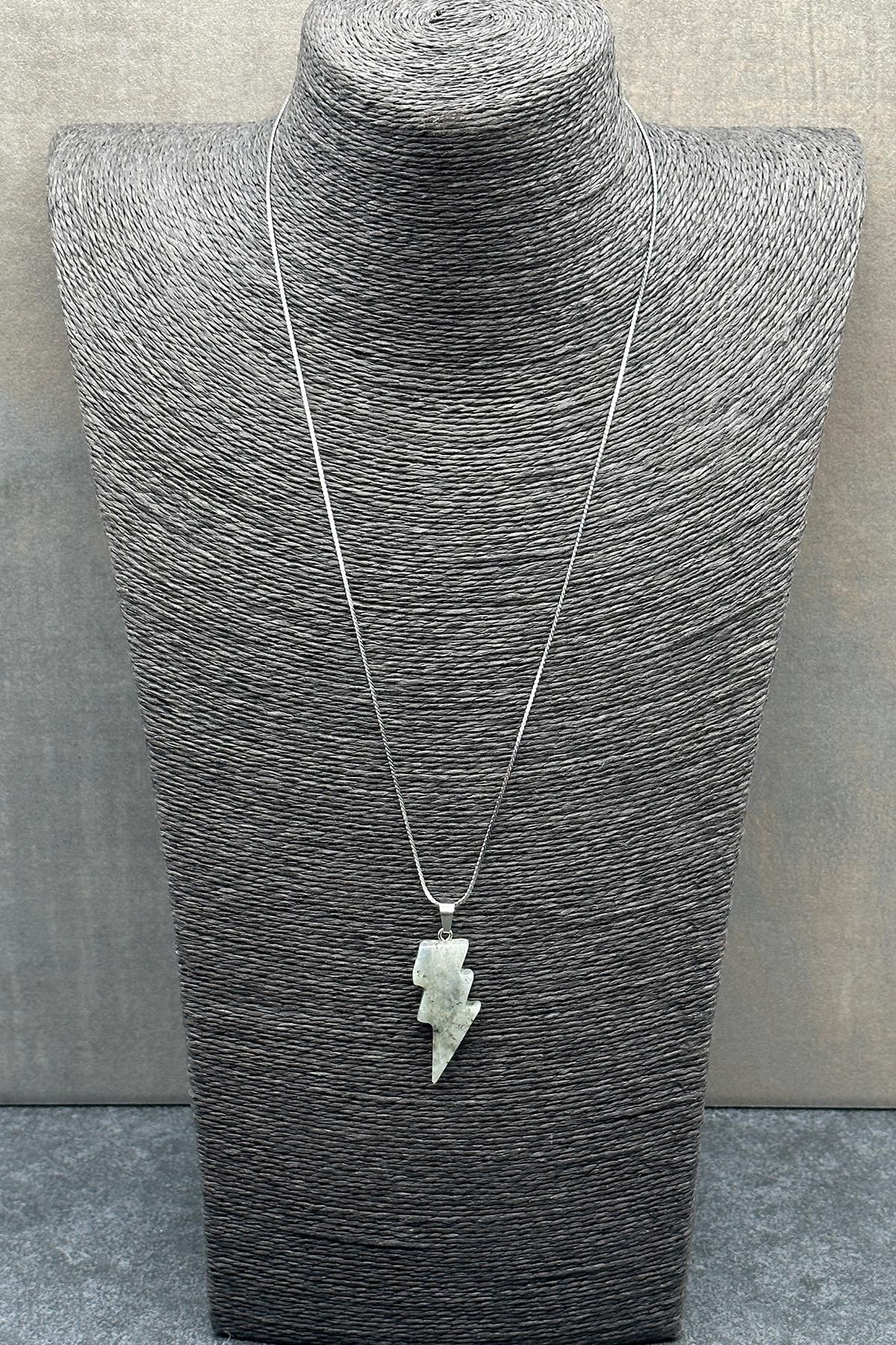 FRNCH 316L Çelik Şimşek Kesim Labradorit Doğal Taşlı Gri Renkli Erkek Kolye FRJ30605-705-G