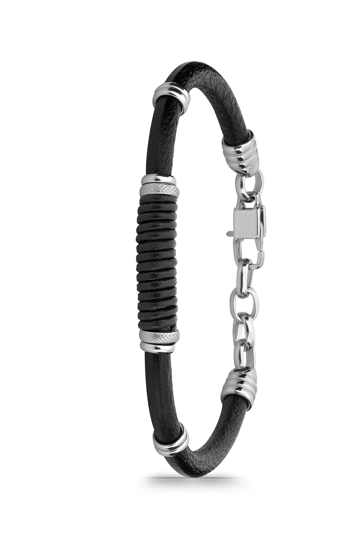 FRNCH 316L Çelik Siyah Renkli Deri Erkek Bileklik FRJ11744-1844-S