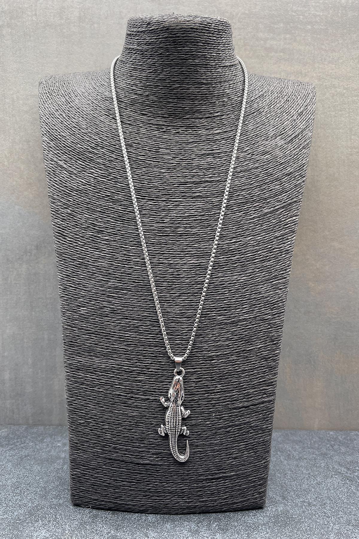 FRNCH 316L Çelik Timsah Figürlü Gümüş Renkli Erkek Kolye FRJ30561-661-A