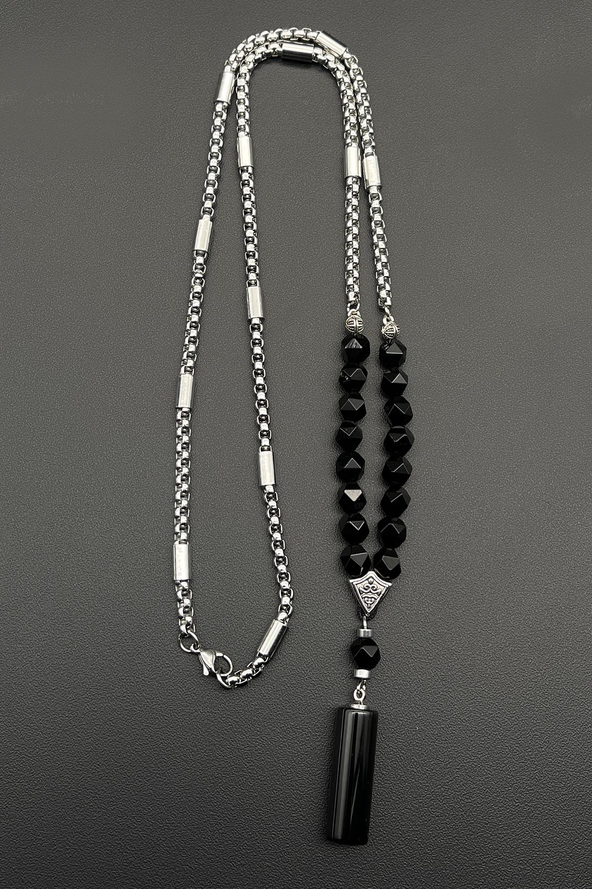 FRNCH 316L Çelik ve Akik Doğal Taşlı Erkek Kolye FRJ30508-608-B2