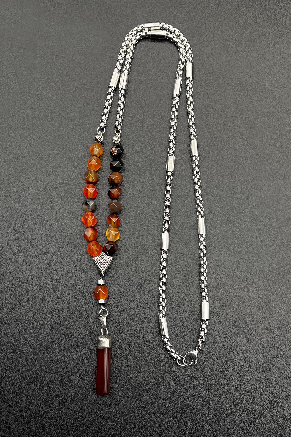 FRNCH 316L Çelik ve Akik Doğal Taşlı Kahverengi Renkli Erkek Kolye FRJ30508-608-K