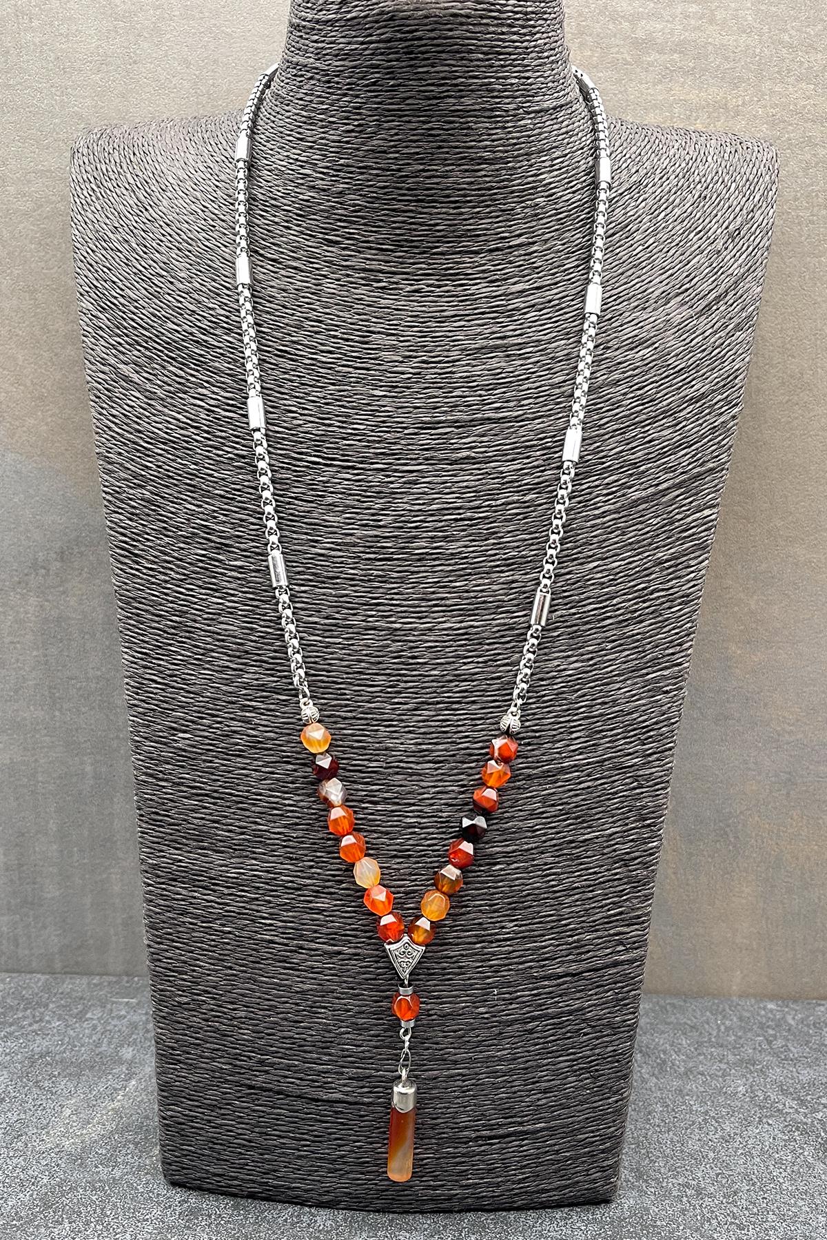 FRNCH 316L Çelik ve Akik Doğal Taşlı Kahverengi Renkli Erkek Kolye FRJ30508-608-K