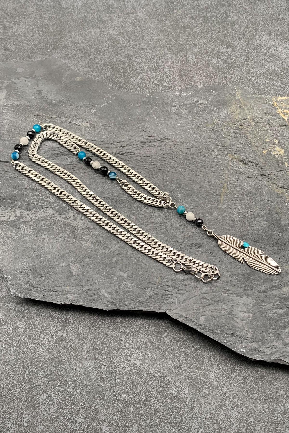 FRNCH 316L Çelik ve Doğal Taşlı Mavi Renkli Erkek Kolye FRJ30504-604-M