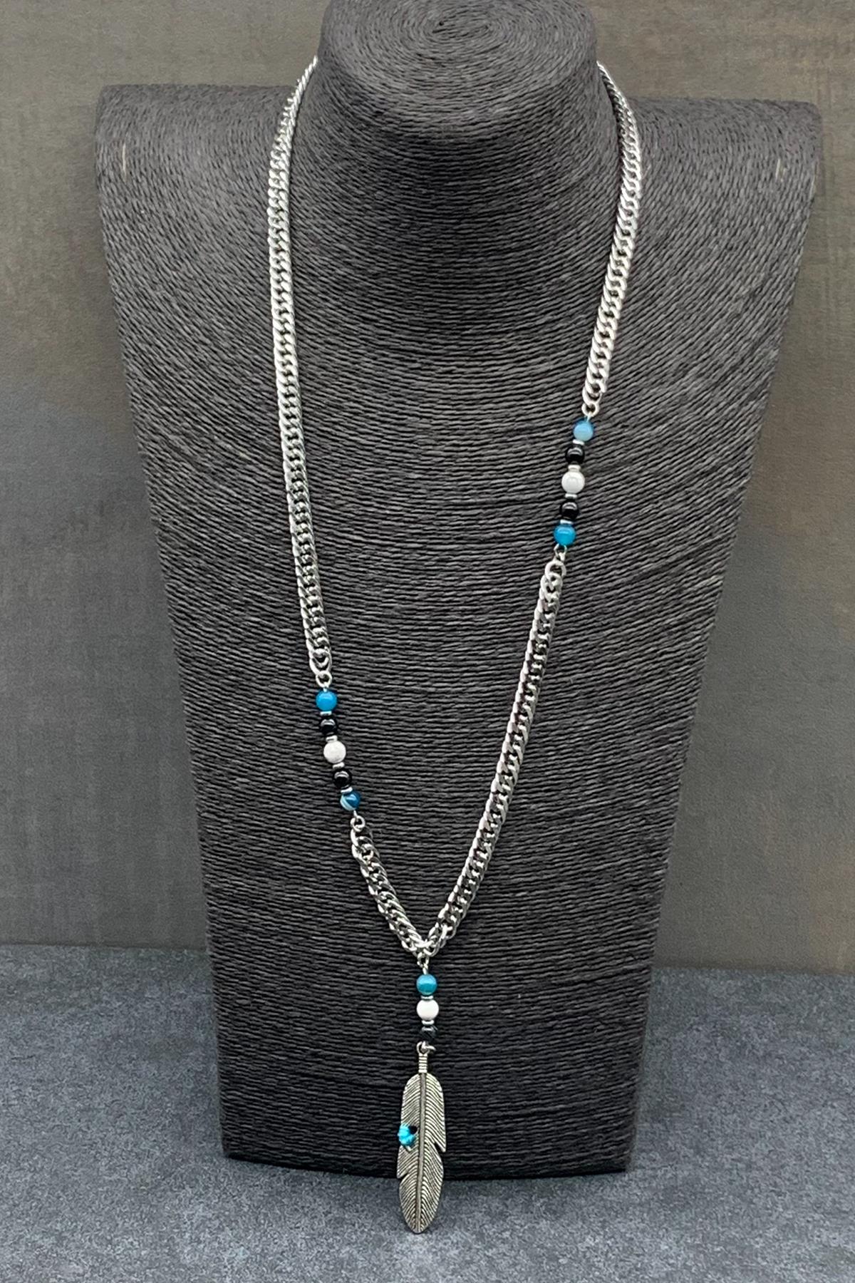 FRNCH 316L Çelik ve Doğal Taşlı Mavi Renkli Erkek Kolye FRJ30504-604-M