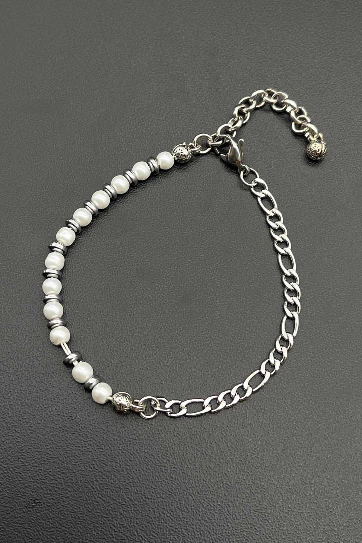 FRNCH 316L Çelik ve İnci Taşlı Beyaz Renkli Ayarlanabilir Erkek Bileklik FRJ11708-1808-B