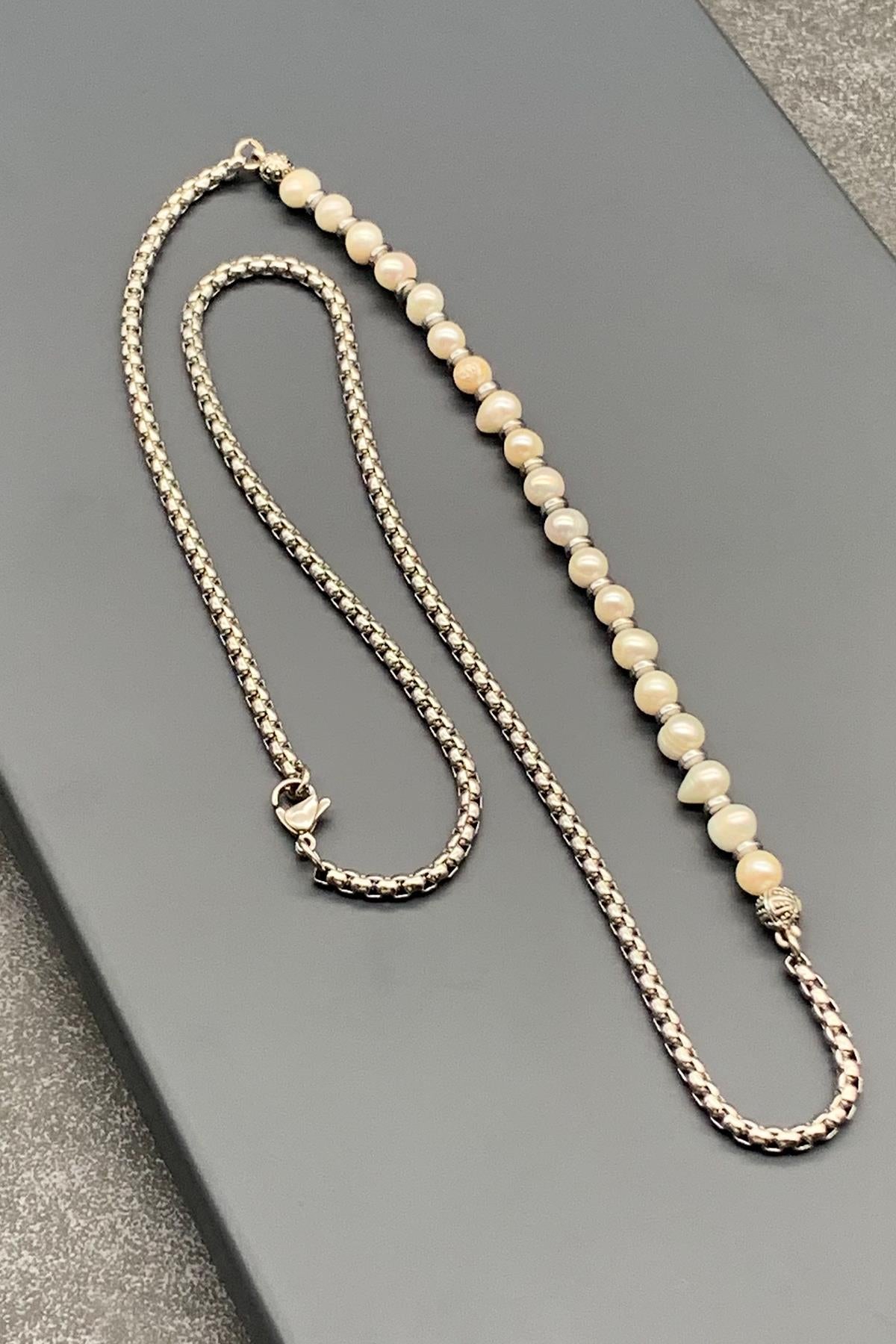 FRNCH 316L Çelik ve İnci Taşlı Beyaz Renkli Erkek Kolye FRJ30471-571-B