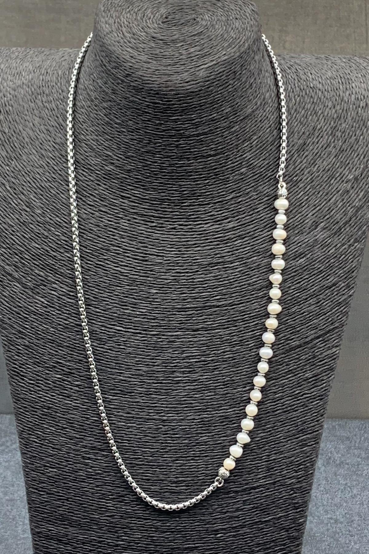 FRNCH 316L Çelik ve İnci Taşlı Beyaz Renkli Erkek Kolye FRJ30471-571-B