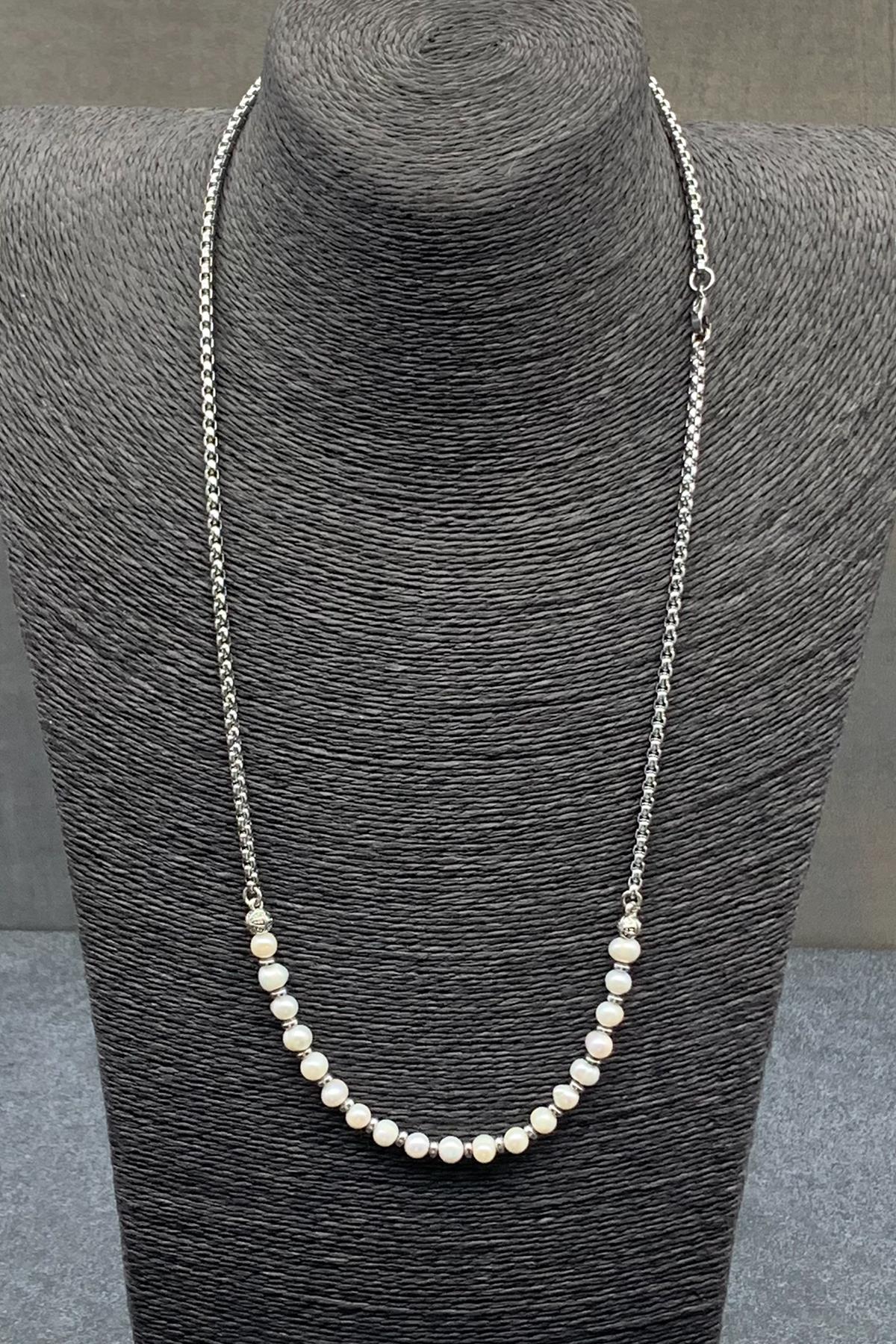 FRNCH 316L Çelik ve İnci Taşlı Beyaz Renkli Erkek Kolye FRJ30471-571-B