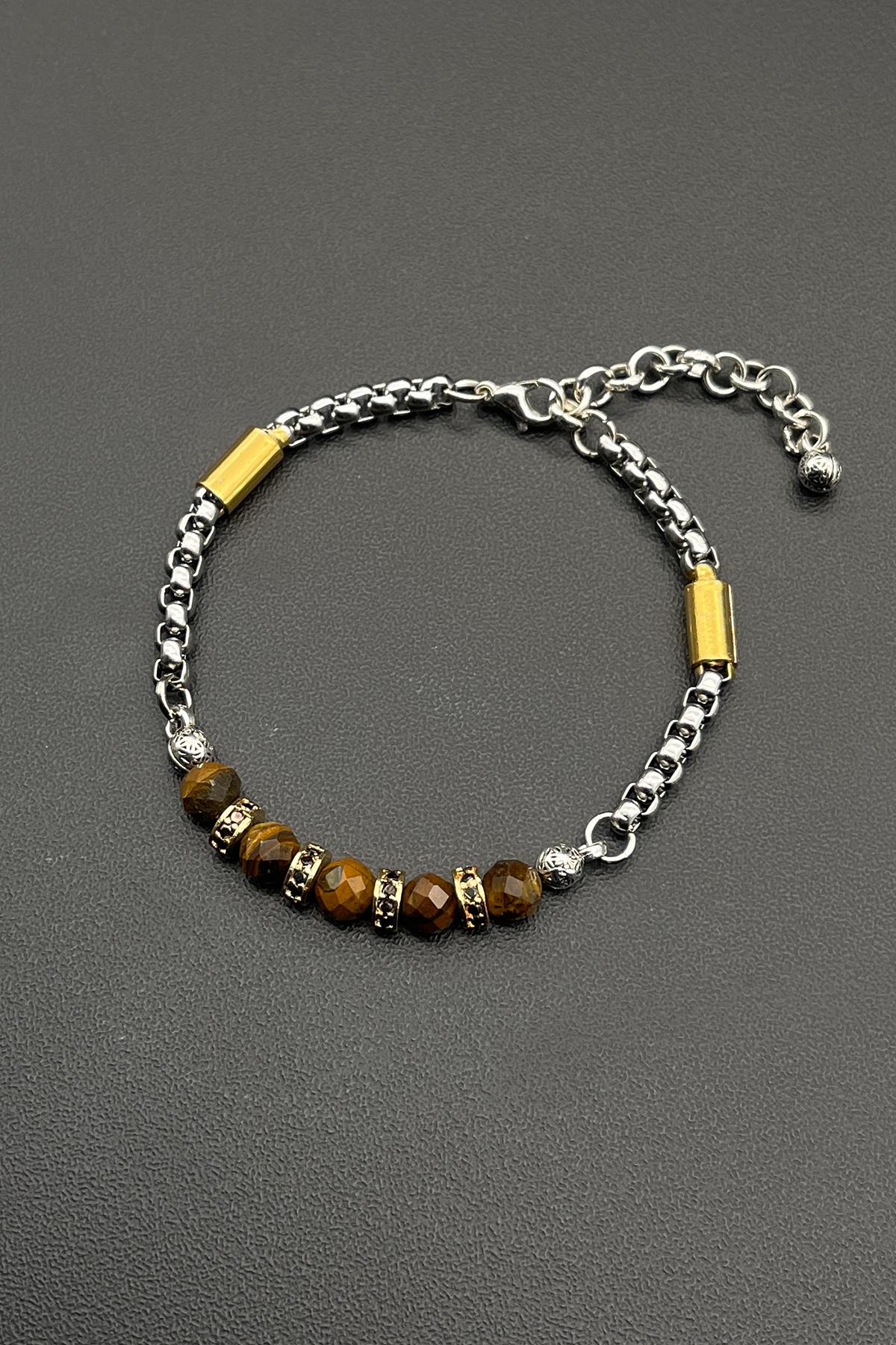 FRNCH 316L Çelik ve Kaplan Gözü Doğal Taşlı Kahverengi Renkli Erkek Bileklik FRJ11696-1796-K