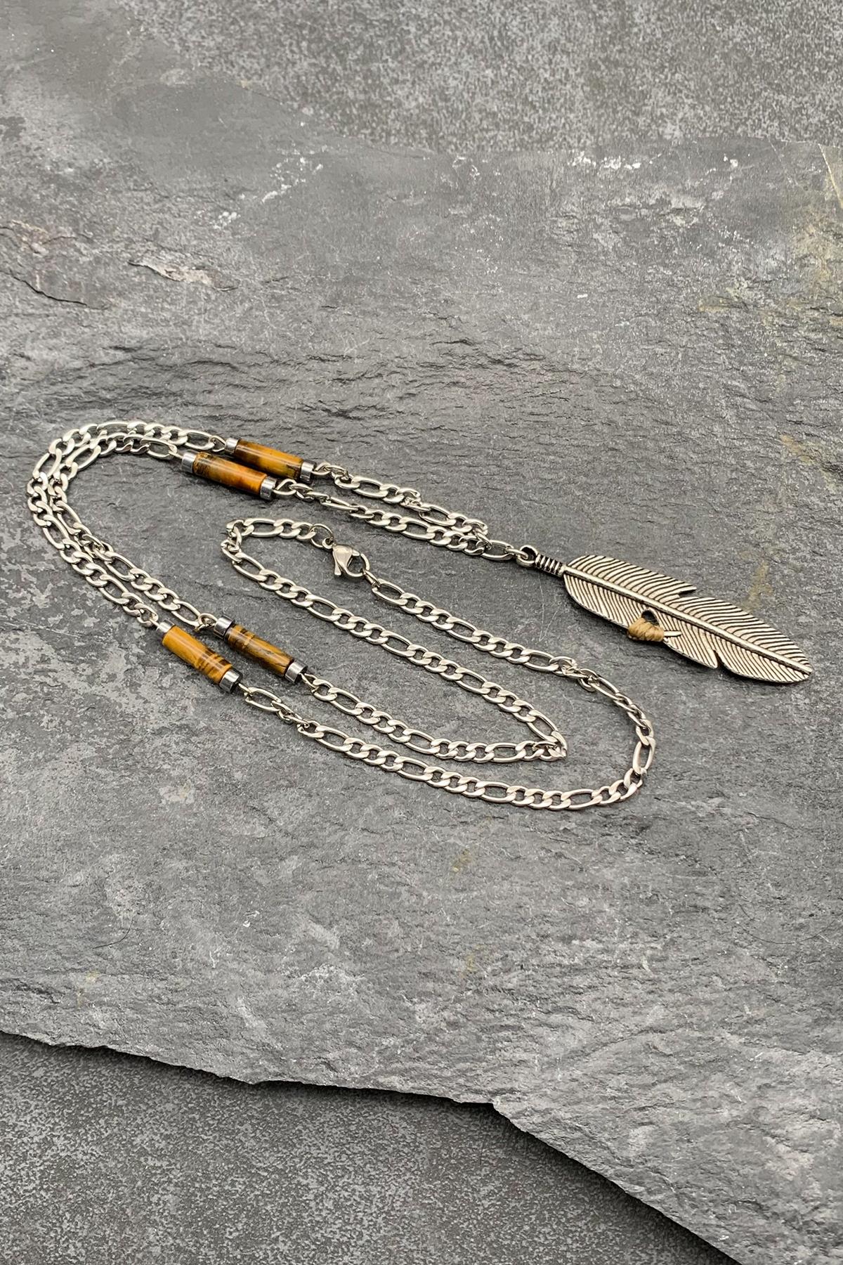 FRNCH 316L Çelik ve Kaplan Gözü Doğal Taşlı Kahverengi Renkli Erkek Kolye FRJ30498-598-K