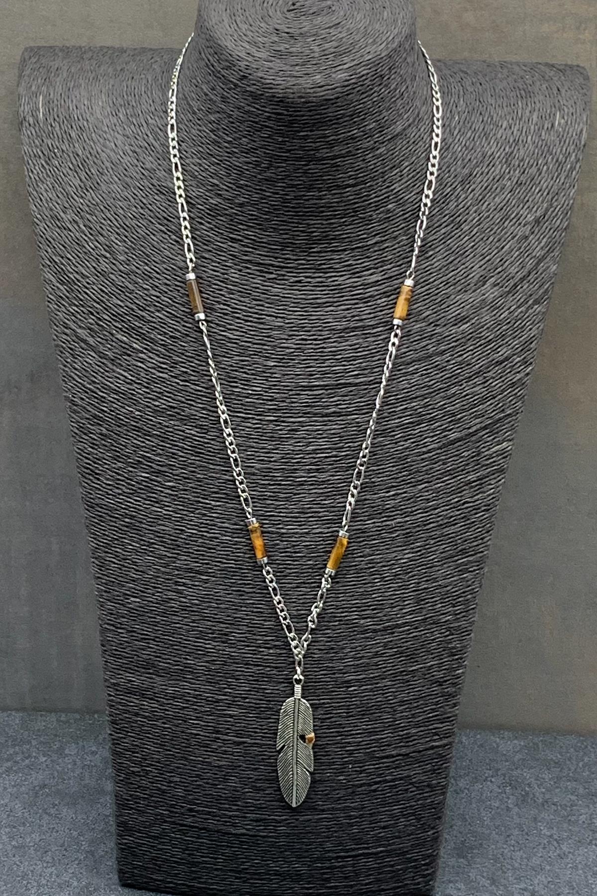 FRNCH 316L Çelik ve Kaplan Gözü Doğal Taşlı Kahverengi Renkli Erkek Kolye FRJ30498-598-K