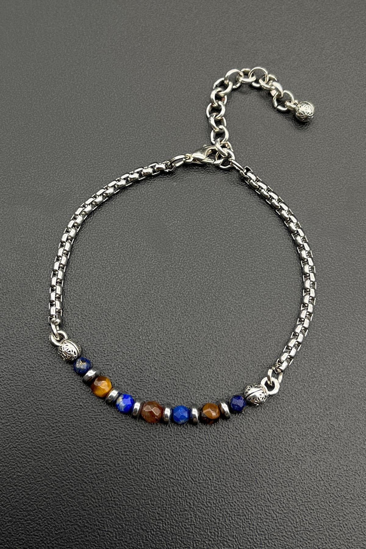 FRNCH 316L Çelik ve Kaplan Gözü/Lapis Doğal Taşlı Çift Renk Erkek Bileklik FRJ11695-1795-LK